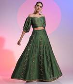 Green Sequin And Mirror Skirt Set With Wrap Blouse