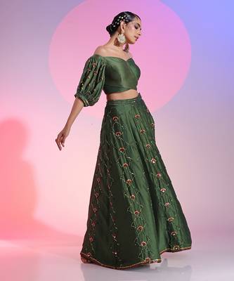 Green Sequin And Mirror Skirt Set With Wrap Blouse 2