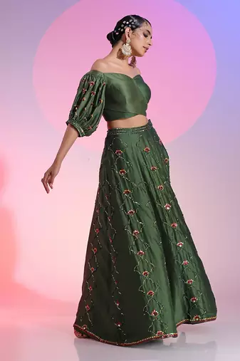 Green Sequin And Mirror Skirt Set With Wrap Blouse