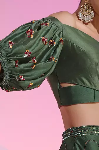 Green Sequin And Mirror Skirt Set With Wrap Blouse