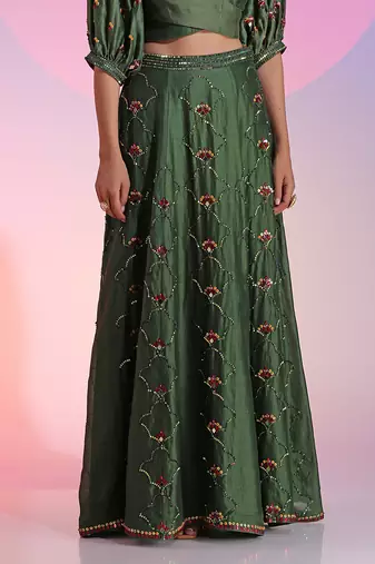 Green Sequin And Mirror Skirt Set With Wrap Blouse