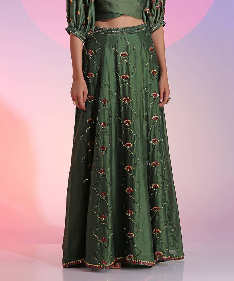 Green Sequin And Mirror Skirt Set With Wrap Blouse
