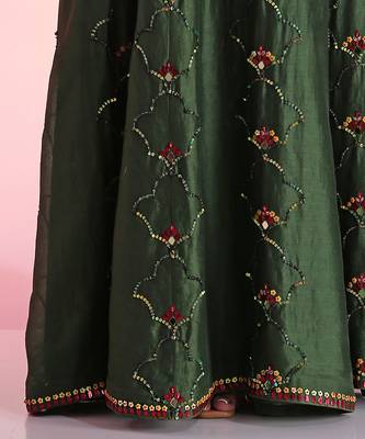 Green Sequin And Mirror Skirt Set With Wrap Blouse 5