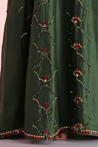 Green Sequin And Mirror Skirt Set With Wrap Blouse