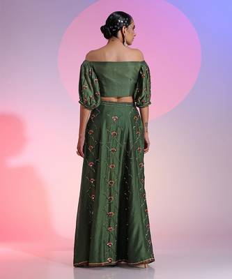 Green Sequin And Mirror Skirt Set With Wrap Blouse 6