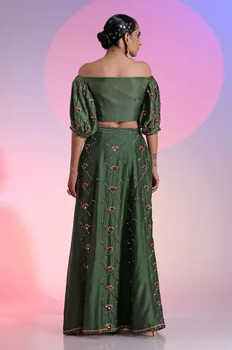 Green Sequin And Mirror Skirt Set With Wrap Blouse