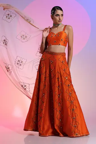 Orange Sequin And Mirror Lehenga Set