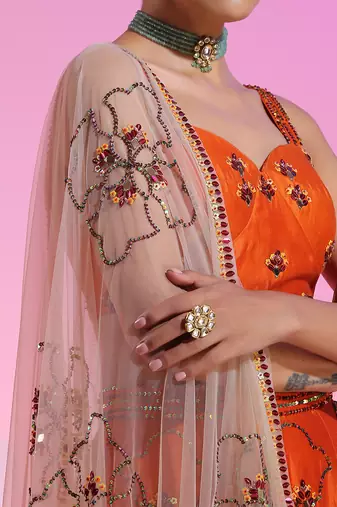 Orange Sequin And Mirror Lehenga Set