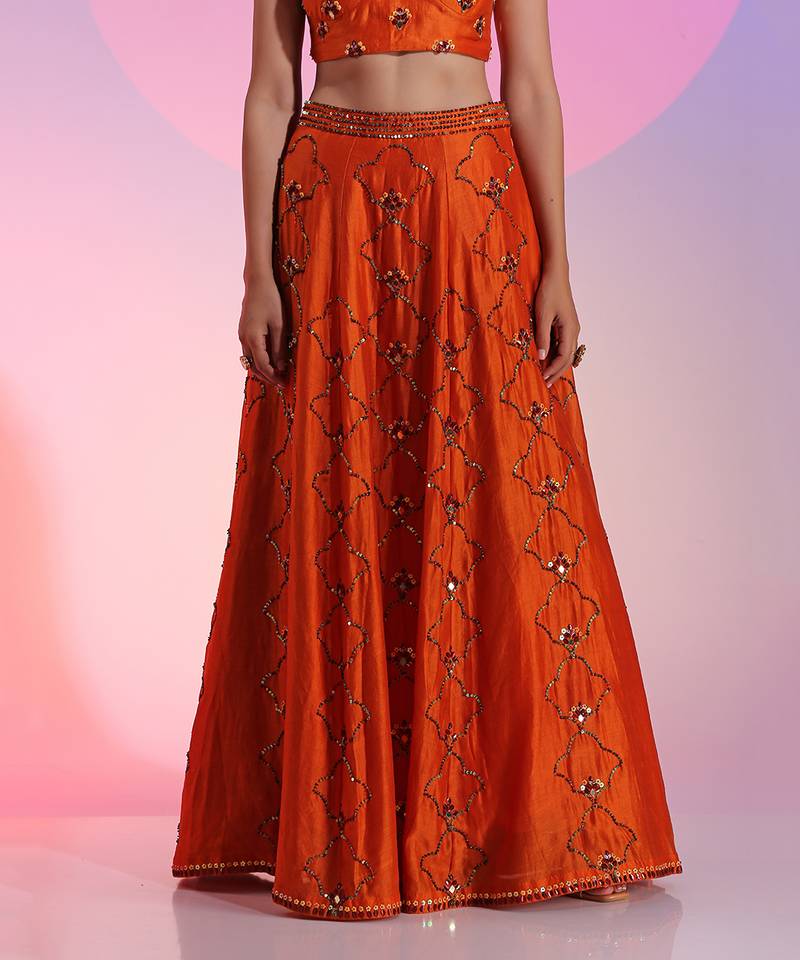 Orange Sequin And Mirror Lehenga Set