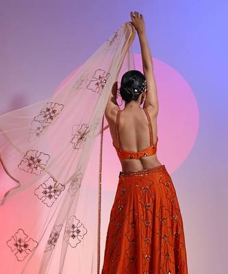 Orange Sequin And Mirror Lehenga Set 6