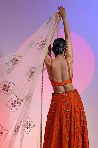 Orange Sequin And Mirror Lehenga Set