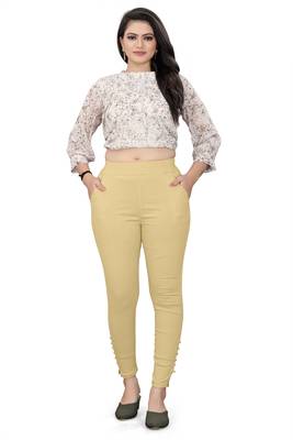 Beige plain cotton trousers 4