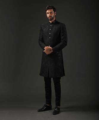 Black Quilted and Embroidered Sherwani 1