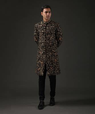 Black Gold Embroidered Sherwani 1