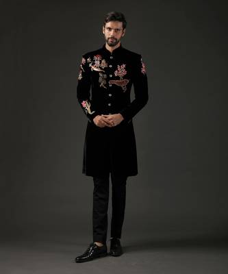 Black Floral Embroidered Sherwani 1