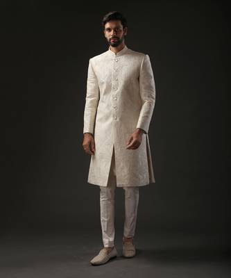 Ivory Quilted And Embroidered Sherwani 1