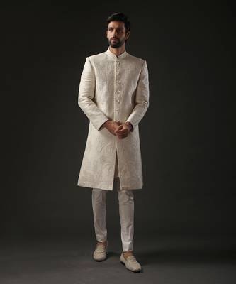 Ivory Quilted And Embroidered Sherwani 2