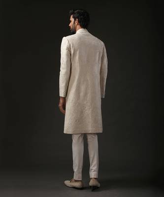 Ivory Quilted And Embroidered Sherwani 3