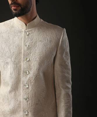 Ivory Quilted And Embroidered Sherwani 4