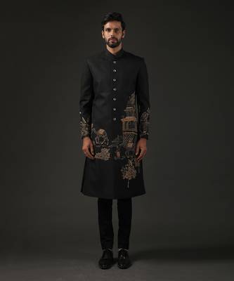 Black Animal Embroidered Sherwani 1