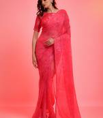 Peach Georgette Sequins Work Party Wear Sarees