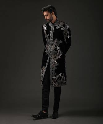 Black Floral Zari Embroidered Sherwani 1