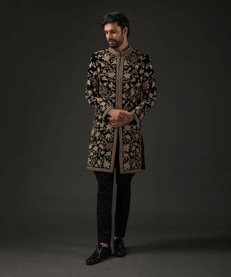 Black Floral Zari Embroidered Sherwani 1