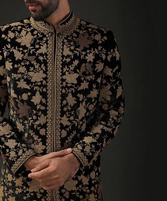 Black Floral Zari Embroidered Sherwani 4