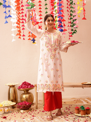 Hand Embroidered White Cotton Lucknow Chikankari Kurta 1