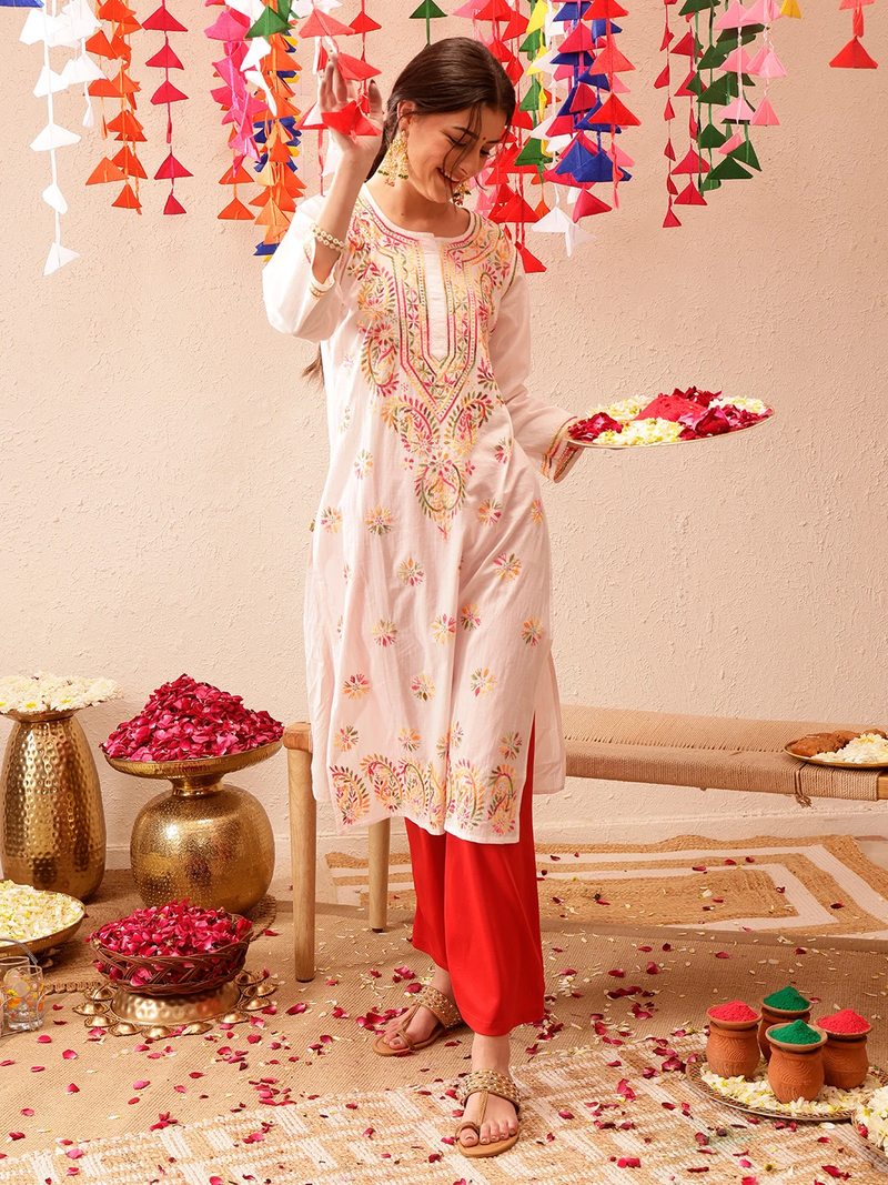 Hand Embroidered White Cotton Lucknow Chikankari Kurta