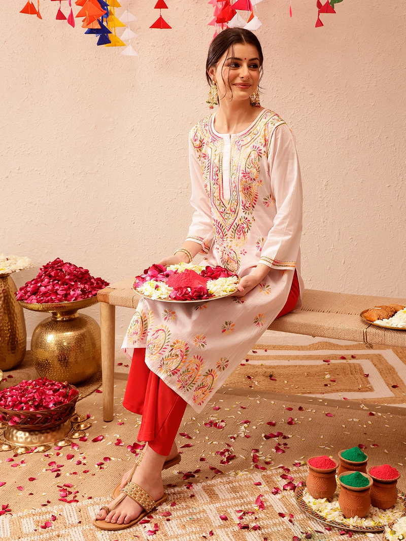 Hand Embroidered White Cotton Lucknow Chikankari Kurta