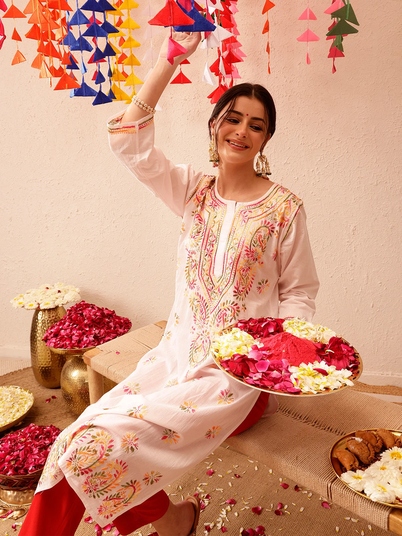 Hand Embroidered White Cotton Lucknow Chikankari Kurta