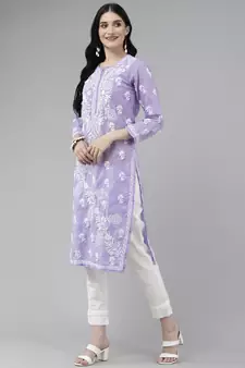 Ada Hand Embroidered Purple Cotton Lucknow Chikankari Women Kurta - A411403