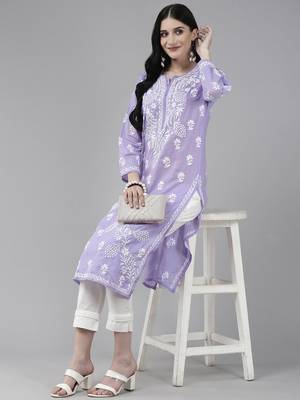 Ada Hand Embroidered Purple Cotton Lucknow Chikankari Women Kurta - A411403 4