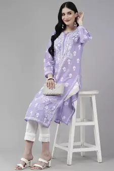 Ada Hand Embroidered Purple Cotton Lucknow Chikankari Women Kurta - A411403