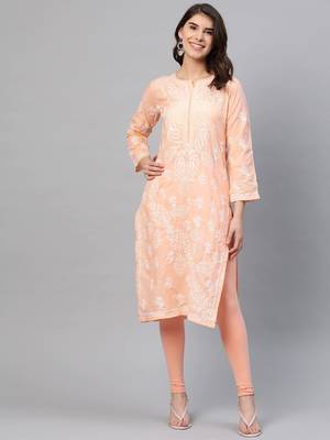 Hand Embroidered Peach Cotton Lucknowi Chikankari Women Kurta 1