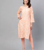 Hand Embroidered Peach Cotton Lucknowi Chikankari Women Kurta