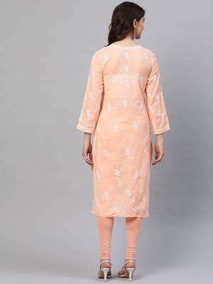 Hand Embroidered Peach Cotton Lucknowi Chikankari Women Kurta 2