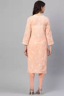 Hand Embroidered Peach Cotton Lucknowi Chikankari Women Kurta