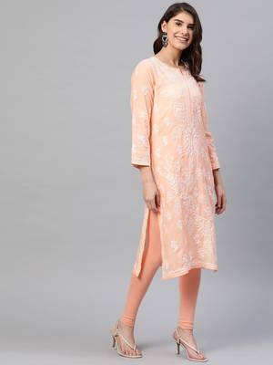 Hand Embroidered Peach Cotton Lucknowi Chikankari Women Kurta 3