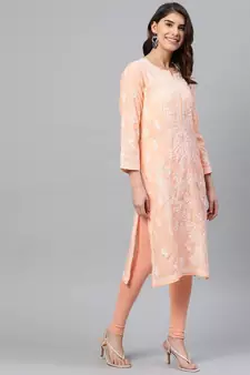 Hand Embroidered Peach Cotton Lucknowi Chikankari Women Kurta