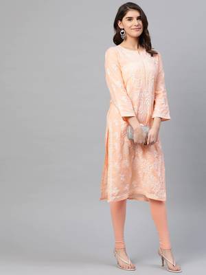Hand Embroidered Peach Cotton Lucknowi Chikankari Women Kurta 4