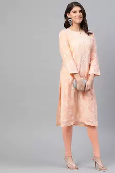 Hand Embroidered Peach Cotton Lucknowi Chikankari Women Kurta