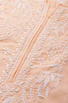 Hand Embroidered Peach Cotton Lucknowi Chikankari Women Kurta
