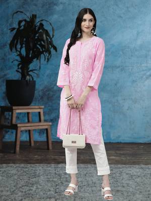 Hand Embroidered Pink Cotton Lucknowi Chikankari Women Kurta 1