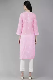 Hand Embroidered Pink Cotton Lucknowi Chikankari Women Kurta
