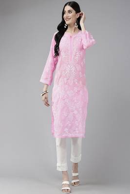 Hand Embroidered Pink Cotton Lucknowi Chikankari Women Kurta 3