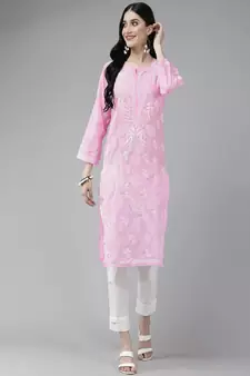 Hand Embroidered Pink Cotton Lucknowi Chikankari Women Kurta