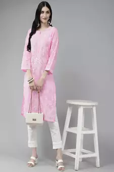 Hand Embroidered Pink Cotton Lucknowi Chikankari Women Kurta