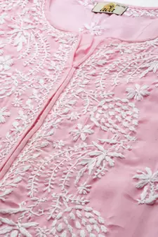 Hand Embroidered Pink Cotton Lucknowi Chikankari Women Kurta